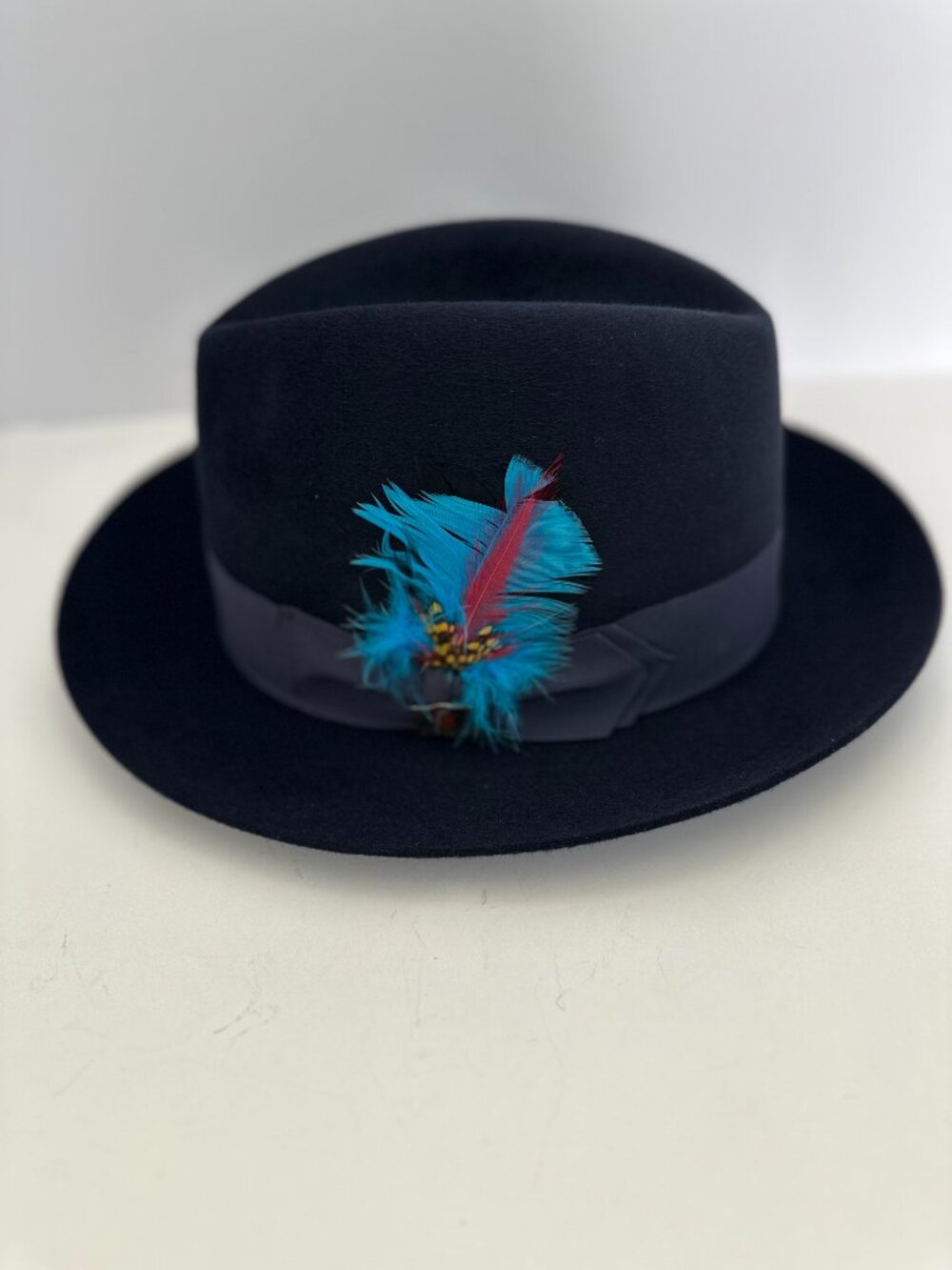 Biltmore Imperial Felt Fedora Navy Blue Lightweight with Feather Accent Sz S